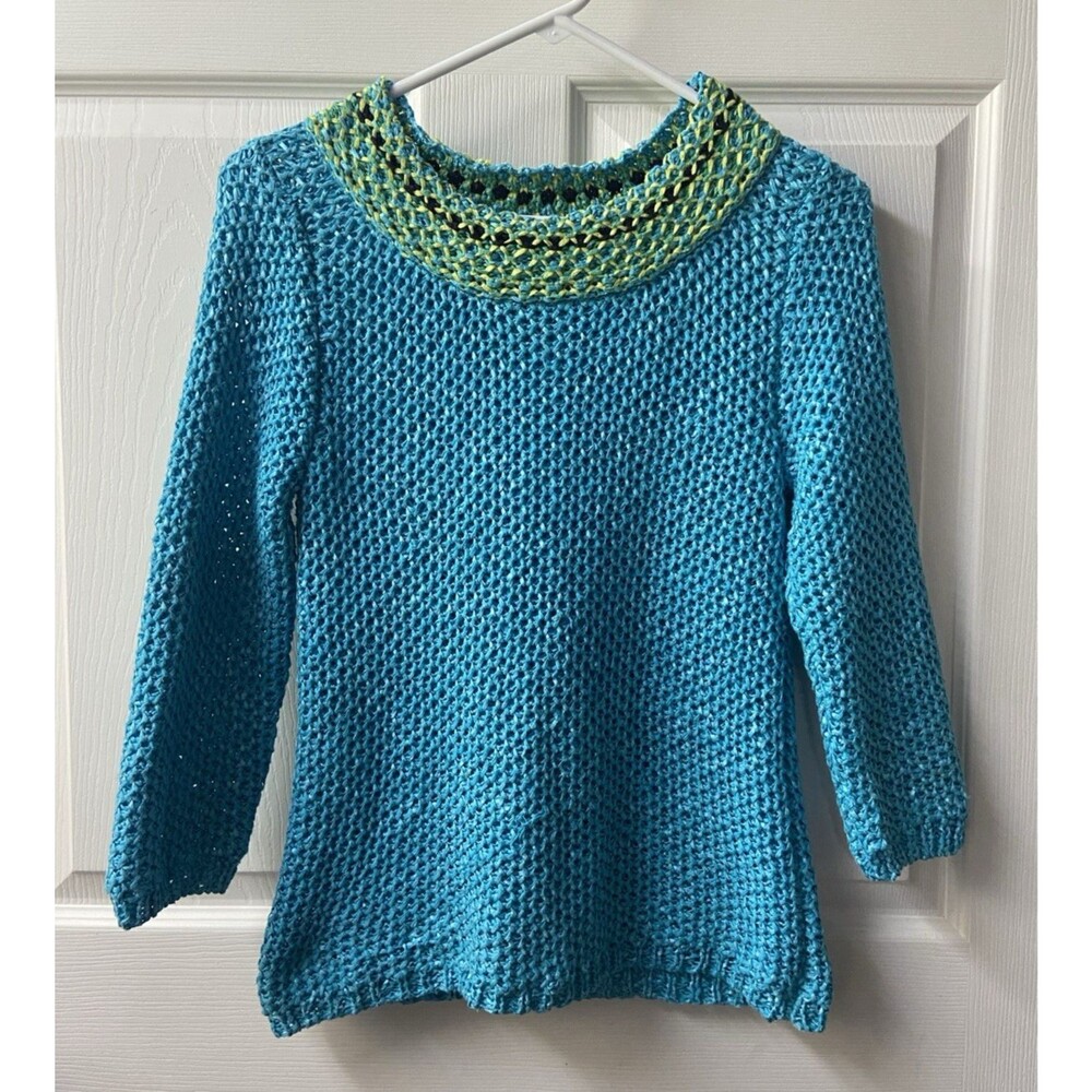 Ruby road Sweater Petite Women PS Blue Round Neck Open Weave 3/4 Sleeve Pullover